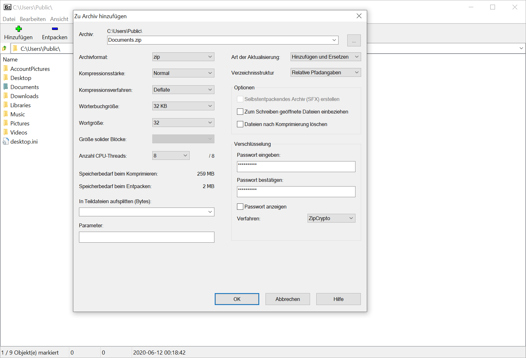 Zip-Archiv mit Passwort mit 7-Zip